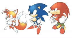 Size: 2048x1076 | Tagged: safe, artist:soihanp, knuckles the echidna, miles "tails" prower, sonic the hedgehog, echidna, fox, hedgehog, 2026, classic knuckles, classic sonic, classic tails, cute, frown, looking offscreen, male, simple background, smile, style emulation, tailabetes, team sonic, trio, white background