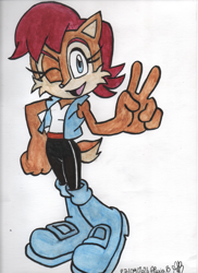 Size: 850x1170 | Tagged: safe, artist:alex230691, sally acorn, chipmunk, 2026, artist name, english text, female, looking at viewer, open mouth, open smile, pose, redesign, sally's vest and boots, simple background, smile, smiling at viewer, solo, standing, traditional media, v sign, white background, wink