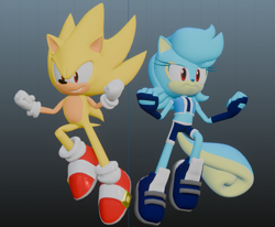 Size: 1041x857 | Tagged: safe, artist:steelyproductions, sally acorn, sonic the hedgehog, super sonic, chipmunk, hedgehog, hybrid, squirrel, 2026, 3d, alternate universe, blender (medium), duo, female, floating, grin, looking offscreen, male, redesign, sally x sonic, shipping, simple background, smile, straight, super form, super sally