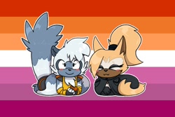 Size: 1302x868 | Tagged: safe, artist:ridleynemrick, tangle the lemur, whisper the wolf, lemur, wolf, 2023, :3, blushing, cat behavior, cute, duo, eyes closed, fangs, female, lesbian, lesbian pride, loafing, looking at viewer, outline, pride, pride flag, pride flag background, shipping, smile, tangabetes, tangle x whisper, valentine's day, whispabetes