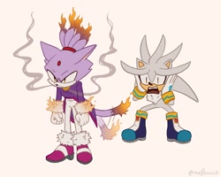 Size: 1987x1586 | Tagged: safe, artist:melloswish, blaze the cat, silver the hedgehog, cat, hedgehog, 2026, angry, clenched fists, duo, female, fire, flat colors, hand on head, looking at them, looking offscreen, male, mouth open, shocked, simple background, smoke, sonictober, sonictober 2026, standing, this won't end well, wagging tail, white background, worried