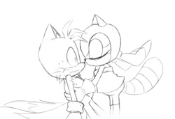 Size: 875x600 | Tagged: safe, artist:secretbat00, marine the raccoon, miles "tails" prower, fox, raccoon, 2025, blushing, dubious consent, duo, eyes closed, female, frown, holding them, imminent kissing, line art, looking at them, male, marails, monochrome, pout, shipping, shrunken pupils, simple background, sketch, standing, straight, sweatdrop