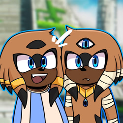 Size: 937x937 | Tagged: safe, artist:susahnasomething, oc, oc:k'aak the echidna, oc:kalan the echidna, echidna, 2026, clothes, cute, dark skin, duo, fankid, frown, fur markings, mouth open, ocbetes, one fang, open smile, outline, parent:shadow, parent:tikal, parents:shadikal, siblings, third eye, twins, wraps