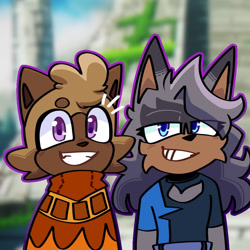 Size: 937x937 | Tagged: safe, artist:susahnasomething, oc, oc:ashes the lemur, oc:auburn the wolf, lemur, wolf, 2026, beanbrows, cheek fluff, clothes, cute, duo, eye clipping through hair, eyelashes, fankid, lidded eyes, looking at viewer, ocbetes, outline, parent:tangle, parent:whisper, parents:whispangle, smile