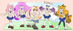 Size: 1280x550 | Tagged: safe, artist:berri-kindred, amy rose, blaze the cat, cream the rabbit, marine the raccoon, rouge the bat