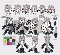 Size: 2048x1872 | Tagged: safe, artist:spiritsonic, 2026, arrow, blackwood the ermine, english text, ermine, grey background, reference sheet, simple background, solo, text