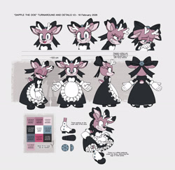 Size: 2048x1991 | Tagged: safe, artist:spiritsonic, deer, 2026, arrow, bow, dapple the doe, doe, dress, english text, grey background, maid outfit, reference sheet, simple background, solo, text