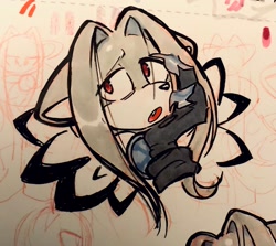Size: 2048x1830 | Tagged: safe, artist:crnbrysp, 2026, blackwood the ermine, bust, claws, ermine, hand on face, head rest, looking offscreen, male, mouth open, one fang, solo, traditional media