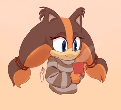 Size: 1280x1155 | Tagged: safe, artist:huwon, sticks the badger, badger, 2017, alternate outfit, artist signature, clothes, drink, ear fluff, female, holding something, hot cocoa, looking offscreen, mug, signature, simple background, smile, solo, steam, sweater, tan background