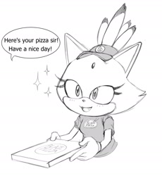 Size: 1649x1791 | Tagged: safe, artist:huwon, blaze the cat, cat, 2018, alternate outfit, blazebetes, box, cap, cute, dialogue, english text, female, greyscale, happy, hat, holding something, looking offscreen, monochrome, mouth open, offscreen character, one fang, open smile, pizza, pizza box, shirt, simple background, smile, solo, sparkles, talking, talking to offscreen character, text, white background