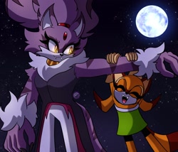 Size: 2047x1755 | Tagged: safe, artist:theglitched0wl, blaze the cat, marine the raccoon, cat, raccoon, 2026, claws, duo, eyes closed, fangs, female, fur markings, holding arm, lifting them, moon, mouth open, nighttime, open smile, outdoors, smile, standing, star (sky), were form, werecat