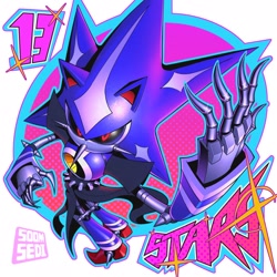 Size: 2048x2048 | Tagged: safe, artist:soomsedi, metal sonic, neo metal sonic, 2026, black sclera, english text, from above, looking at viewer, looking up, looking up at viewer, male, outline, robot, signature, solo, sonictober, sonictober 2026, standing, text