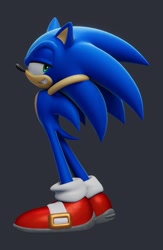 Size: 1336x2048 | Tagged: safe, artist:sxnicgraphix3d, sonic the hedgehog, hedgehog, 2026, 3d, black background, clenched teeth, hand behind head, lidded eyes, male, side view, simple background, smile, smug, solo, standing