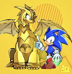 Size: 977x997 | Tagged: safe, artist:ace2564, sonic the hedgehog, trip the sungazer, hedgehog, sonic superstars, 2026, chaos emerald, classic sonic, classic sonic (universe), dragon, duo, female, holding something, looking at them, looking at viewer, male, pointing, smile, smiling at them, smiling at viewer, super form, super trip, v sign, wagging finger