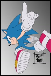 Size: 882x1324 | Tagged: safe, artist:secretter_zgwl, sonic the hedgehog, 2026, border, gradient background, grey background, looking at viewer, simple background, smile, solo, treads