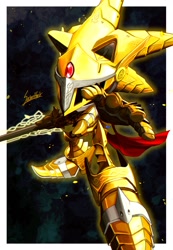 Size: 1000x1442 | Tagged: safe, artist:secretter_zgwl, sonic the hedgehog, hedgehog, sonic and the black knight, armor, border, excalibur sonic, holding something, male, signature, solo, standing, sword, weapon, white border