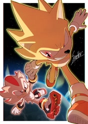 Size: 1000x1416 | Tagged: safe, artist:secretter_zgwl, shadow the hedgehog, sonic the hedgehog, super shadow, super sonic, hedgehog, sonic the hedgehog 3 (film), border, duo, earth, holding hands, looking at them, male, planet, signature, smile, space, star (sky), super form, white border