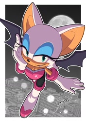 Size: 1000x1414 | Tagged: safe, artist:secretter_zgwl, rouge the bat, bat, border, building, commission, female, flying, lidded eyes, looking at viewer, moon, nighttime, outdoors, smile, solo, white border