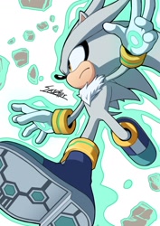 Size: 1000x1414 | Tagged: safe, artist:secretter_zgwl, silver the hedgehog, hedgehog, frown, male, psychokinesis, signature, simple background, solo, treads, white background