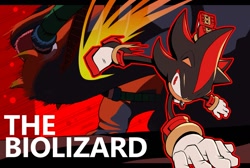 Size: 1491x1000 | Tagged: safe, artist:secretter_zgwl, biolizard, shadow the hedgehog, hedgehog, sonic adventure 2, character name, duo, fight, hand on ground, kicking, male, outline, red outline