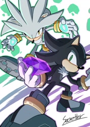 Size: 1000x1414 | Tagged: safe, artist:secretter_zgwl, mephiles the dark, silver the hedgehog, hedgehog, sonic the hedgehog (2006), chaos emerald, duo, holding something, looking at viewer, male, standing, white background