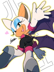 Size: 1000x1320 | Tagged: safe, artist:secretter_zgwl, rouge the bat, bat, female, heart, looking at viewer, mouth open, outline, simple background, smile, solo, white background, yellow outline