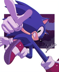 Size: 1000x1213 | Tagged: safe, artist:secretter_zgwl, sonic the hedgehog, hedgehog, grin, looking at viewer, male, running, signature, smile, solo