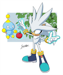 Size: 1000x1183 | Tagged: safe, artist:secretter_zgwl, silver the hedgehog, chao, hedgehog, apple, duo, eyes closed, food, fruit, leaf, looking at them, male, mouth open, neutral chao, psychokinesis, signature, simple background, smile, standing, white background