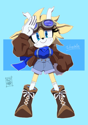 Size: 800x1132 | Tagged: safe, artist:secretter_zgwl, oc, oc:brynna the goat, goat, blue background, commission, female, goggles, goggles on head, horns, jacket, looking at viewer, oc only, shorts, simple background, smile, solo, standing