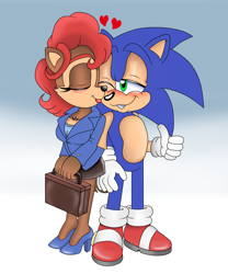 Size: 2500x3000 | Tagged: safe, artist:classicsonicsatam, sally acorn, sally mcacorn, sonic the hedgehog, chipmunk, hedgehog, 2021, briefcase, duo, female, gradient background, heart, holding something, kiss, kiss on cheek, lawyer, male, one eye closed, sally x sonic, shipping, smile, smiling at each other, standing, straight, thumbs up