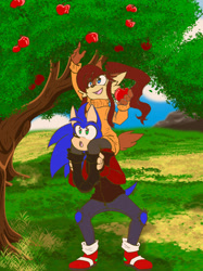 Size: 1024x1366 | Tagged: safe, artist:sassymelvin, sally acorn, sonic the hedgehog, chipmunk, hedgehog, 2023, alternate universe, apple, apple tree, carrying them, clothes, daytime, duo, female, food, fruit, fully clothed, jacket, looking at something, looking up, male, outdoors, pants, piggyback, ponytail, sally x sonic, shipping, straight, sweater, torn clothes, tree