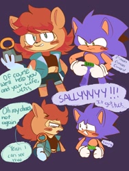 Size: 1620x2160 | Tagged: safe, artist:emenens, sally acorn, sonic the hedgehog, chipmunk, hedgehog, 2022, annoyed, blushing, cute, duality, duo, duo male and female, english text, female, friendship, frown, holding something, male, purple background, sallabetes, simple background, smile, sonabetes, speech bubble, standing, talking, text