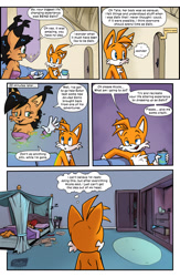 Size: 1548x2380 | Tagged: safe, artist:shieltar, miles "tails" prower, nicole the hololynx, sally acorn, chipmunk, fox, comic:my inner sally, 2024, 2025, bed, bedroom, bedside table, closet, comic, digital static, door, drawers, drink, english text, female, flag, frown, holding something, indoors, lidded eyes, male, paper, sitting, sleeping, smile, soda, standing, table, text, thought bubble, trio, zzz
