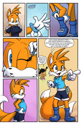 Size: 1548x2380 | Tagged: safe, artist:shieltar, miles "tails" prower, nicole the hololynx, fox, lynx, comic:my inner sally, 2024, boots, clothes, comic, duo, english text, eyelashes, femboy, holding something, male, mascara, one eye closed, outfit swap, pointing, sally's ringblader outfit, shirt, smile, smug, solo focus, speech bubble, standing, text, thought bubble
