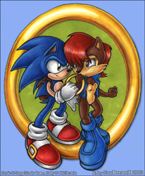 Size: 453x550 | Tagged: safe, artist:souldreamx, sally acorn, sonic the hedgehog, chipmunk, hedgehog, 2003, backpack, blue background, breasts, duo, featureless breasts, female, holding something, looking at each other, male, ring, simple background, smile, sonic satam, standing