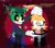 Size: 2000x1750 | Tagged: safe, artist:fartist2020, bunnie rabbot, cassia the pronghorn, deer, rabbit, alternate outfit, cape, clothes, duo, female, grin, hat, indoors, jacket, looking at viewer, magician outfit, pronghorn, pronghorn deer, pulling, smile, smiling at viewer, sparkles, standing