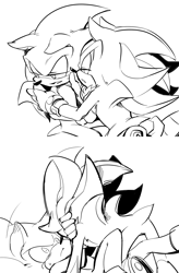 Size: 992x1510 | Tagged: safe, artist:lenmeu, shadow the hedgehog, sonic the hedgehog, hedgehog, 2013, black and white, duo, floppy ears, gay, lidded eyes, line art, looking at each other, looking at them, monochrome, pinning them, shadow x sonic, shipping, simple background, surprised, white background