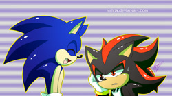 Size: 1280x719 | Tagged: safe, artist:myly14, shadow the hedgehog, sonic the hedgehog, hedgehog, 2013, cute, duo, eyes closed, frown, head rest, male, mouth open, open smile, outline, signature, smile, striped background, sweatdrop, wallpaper