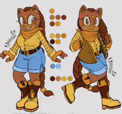 Size: 1280x1202 | Tagged: safe, artist:jevsterchester, oc, oc:sadie, 2020, bandana, boots, clothes, color palette, duality, fingerless gloves, flat colors, gloves, grey background, horse, nose ring, oc only, piercing, reference sheet, shirt, shorts, simple background, smile, solo, watermark