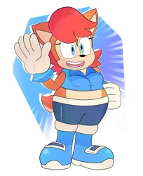 Size: 734x900 | Tagged: safe, artist:drememoto, sally acorn, chipmunk, 2023, fat, fat sally acorn, female, looking at viewer, open mouth, open smile, sally's ringblader outfit, smile, smiling at viewer, solo, standing, waving