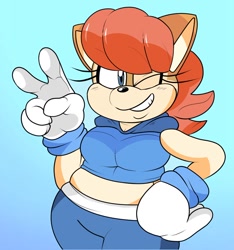 Size: 841x900 | Tagged: safe, artist:drememoto, sally acorn, chipmunk, 2023, blue background, fat, fat sally acorn, female, gradient background, grin, hand on hip, looking at viewer, pose, sally's ringblader outfit, smile, smiling at viewer, solo, standing, v sign, wink