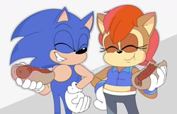 Size: 1252x806 | Tagged: safe, artist:drememoto, sally acorn, sonic the hedgehog, chipmunk, hedgehog, 2023, artist name, chili dog, duo, eating, english text, eyes closed, fat, fat sally acorn, female, food, grin, hand on hip, holding something, hot dog, male, sally x sonic, sally's ringblader outfit, shipping, standing, straight
