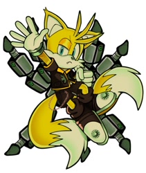 Size: 736x870 | Tagged: safe, artist:milo9purrh0ur, miles "tails" prower, nine, fox, sonic prime, 2026, chain, clothes, frown, jacket, looking at viewer, male, one fang, shorts, simple background, solo, white background