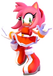Size: 1400x2000 | Tagged: safe, artist:6point98, artist:atsunamy42, amy rose, hedgehog, 2026, 3d, devil horns (gesture), dress, female, looking at viewer, mouth open, open smile, simple background, smile, solo, standing, standing on one leg, white background