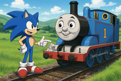 Size: 1095x730 | Tagged: safe, artist:arthur1543, sonic the hedgehog, ai, ai generated, thomas and friends, thomas the tank engine