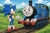 Size: 1095x730 | Tagged: safe, artist:arthur1543, sonic the hedgehog, ai, ai generated, thomas and friends, thomas the tank engine