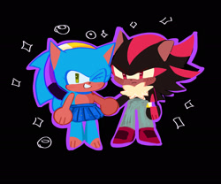 Size: 2048x1706 | Tagged: safe, artist:emenens, shadow the hedgehog, sonic the hedgehog, hedgehog, 2025, barefoot, black background, chest fluff, chibi, clothes, cute, duo, eyelashes, frown, holding hands, nonbinary, nonbinary pride, nonbinary shadow, nonbinary sonic, pants, paws, pride, shadow x sonic, shadowbetes, shipping, simple background, skirt, smile, sonabetes, sparkles, t4t, wink