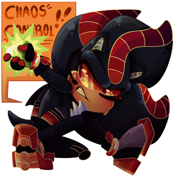 Size: 2000x2000 | Tagged: safe, artist:project-phantom, shadow the hedgehog, hedgehog, 2026, agender, agender shadow, alternate universe, au:project phantom, chaos control, chaos emerald, clenched teeth, clothes, dialogue, english text, frown, g.u.n., glasses, headset, holding something, kneepads, looking offscreen, microphone, pose, shouting, simple background, solo, speech bubble, talking, text, transparent background, treads