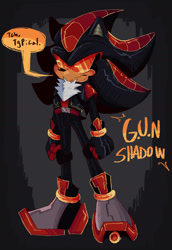 Size: 1143x1660 | Tagged: safe, artist:project-phantom, shadow the hedgehog, hedgehog, 2026, agender, agender shadow, alternate universe, au:project phantom, belt, chest fluff, clenched fists, clothes, dialogue, english text, frown, g.u.n., glasses, gloves, jacket, kneepads, solo, speech bubble, standing, talking, text