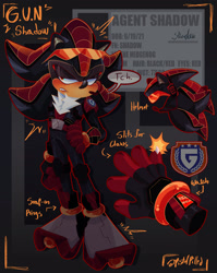 Size: 1513x1905 | Tagged: safe, artist:project-phantom, shadow the hedgehog, hedgehog, 2026, agender, agender shadow, alternate universe, arrow, au:project phantom, belt, chest fluff, claws, clenched teeth, english text, eyewear on head, frown, g.u.n logo, g.u.n., glasses, gloves, hand on hip, headset, helmet, jacket, kneepads, lidded eyes, looking offscreen, microphone, outline, reference sheet, shadow is not amused, solo, speech bubble, standing, talking, text, unamused